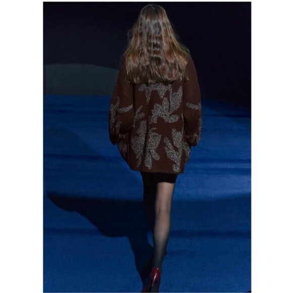 Zara Women Sweater Cardigan Coat L XL Wine Metallic Thread Jacquard 2756/128 NWT - Picture 3 of 15